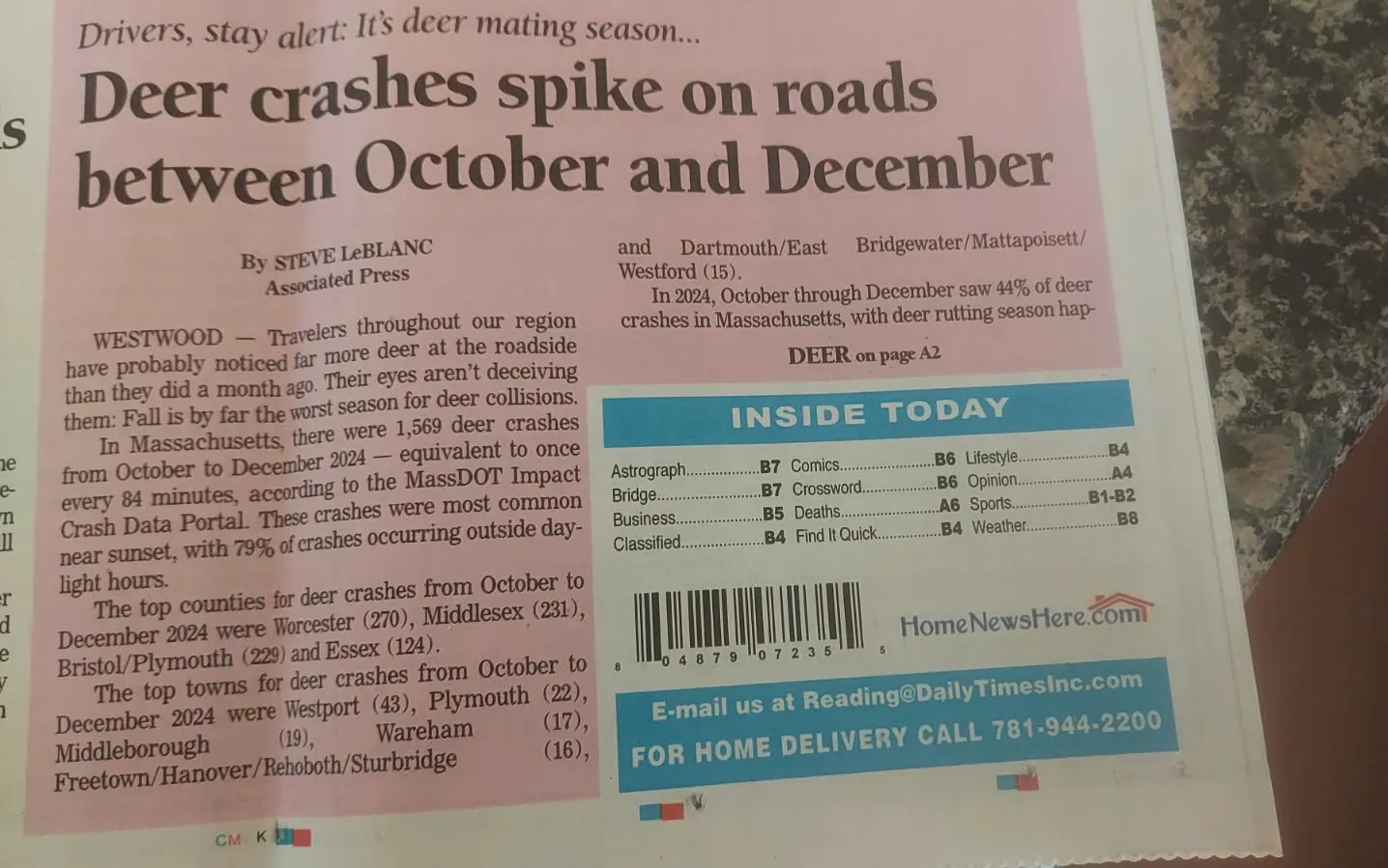 Newspaper headline: Deer crashes spike on roads